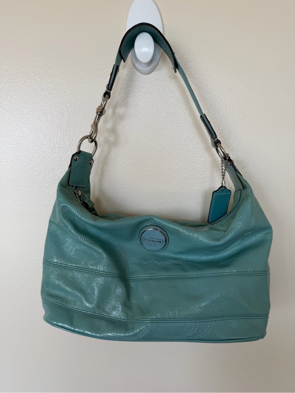COACH  Signature Patent Leather Hobo Shoulder Bag in Turquoise F17421